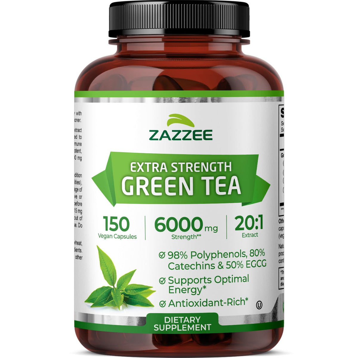 Zazzee Extra Strength Green Tea 20:1 Extract, 50% EGCG, 98% Polyphenols, 80% Catechins, 150 Vegan Capsules, 5 Month Supply, Certified Kosher, Antioxidant & Metabolism Support, Non-GMO, Made in the USA