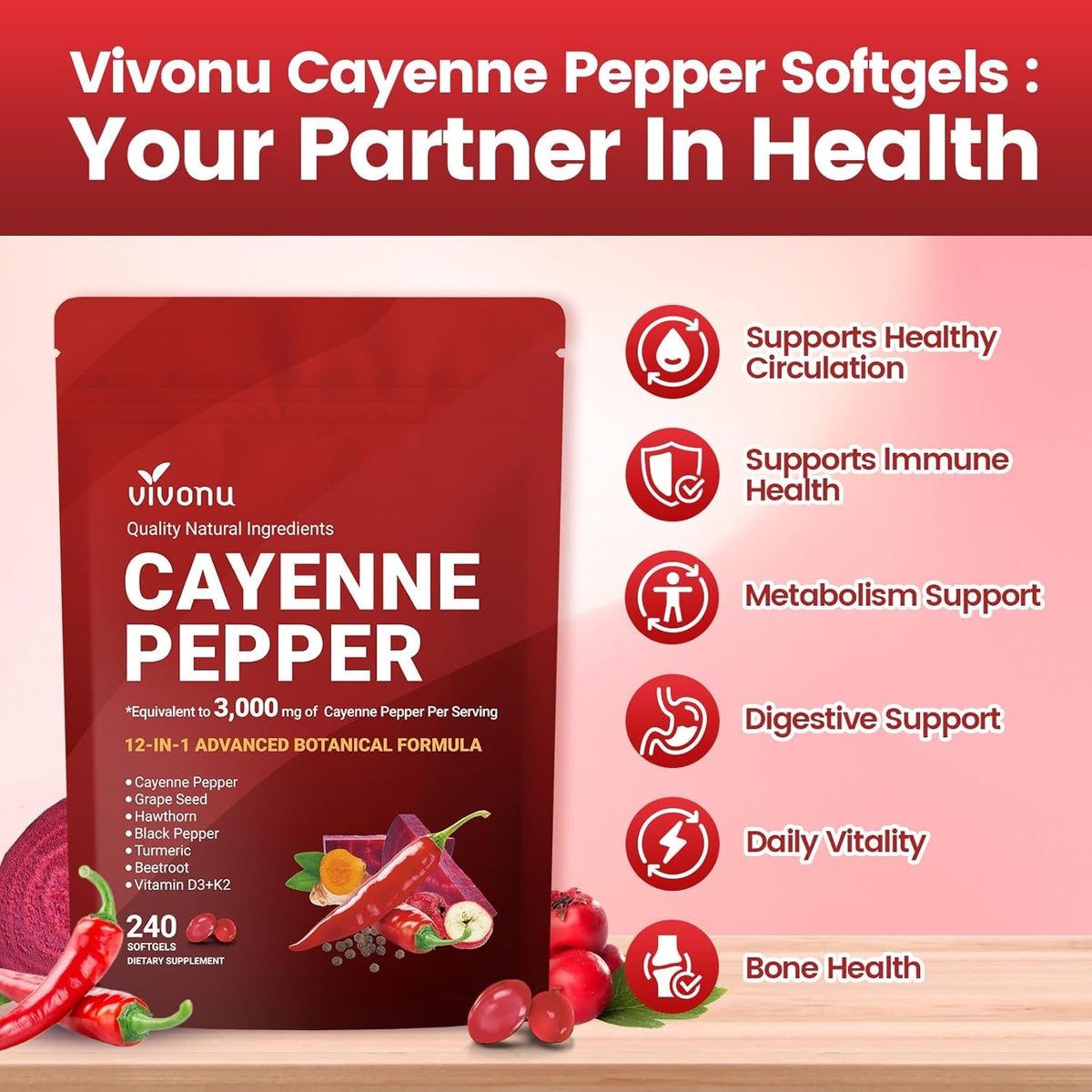 Cayenne Pepper Softgels Supplement, Supports Leg Vein, Heart and Blood Vessel Health, with Vitamin E D3+K2 and Extracts of Grape Seed, Hawthorn, Beetroot, Berberine and Others (Softgels / 2 Bag)