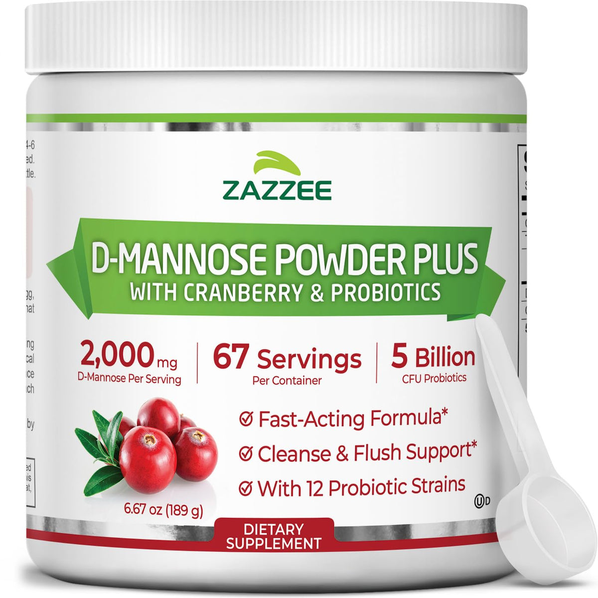 Zazzee D-Mannose Powder Plus, 2000 mg, 67 Servings, Plus 5 Billion CFU Probiotics and Pure Cranberry Juice Extract, Certified Kosher, Free Scoop, 6.67 oz, Urinary Tract Support, Non-GMO, All-Natural