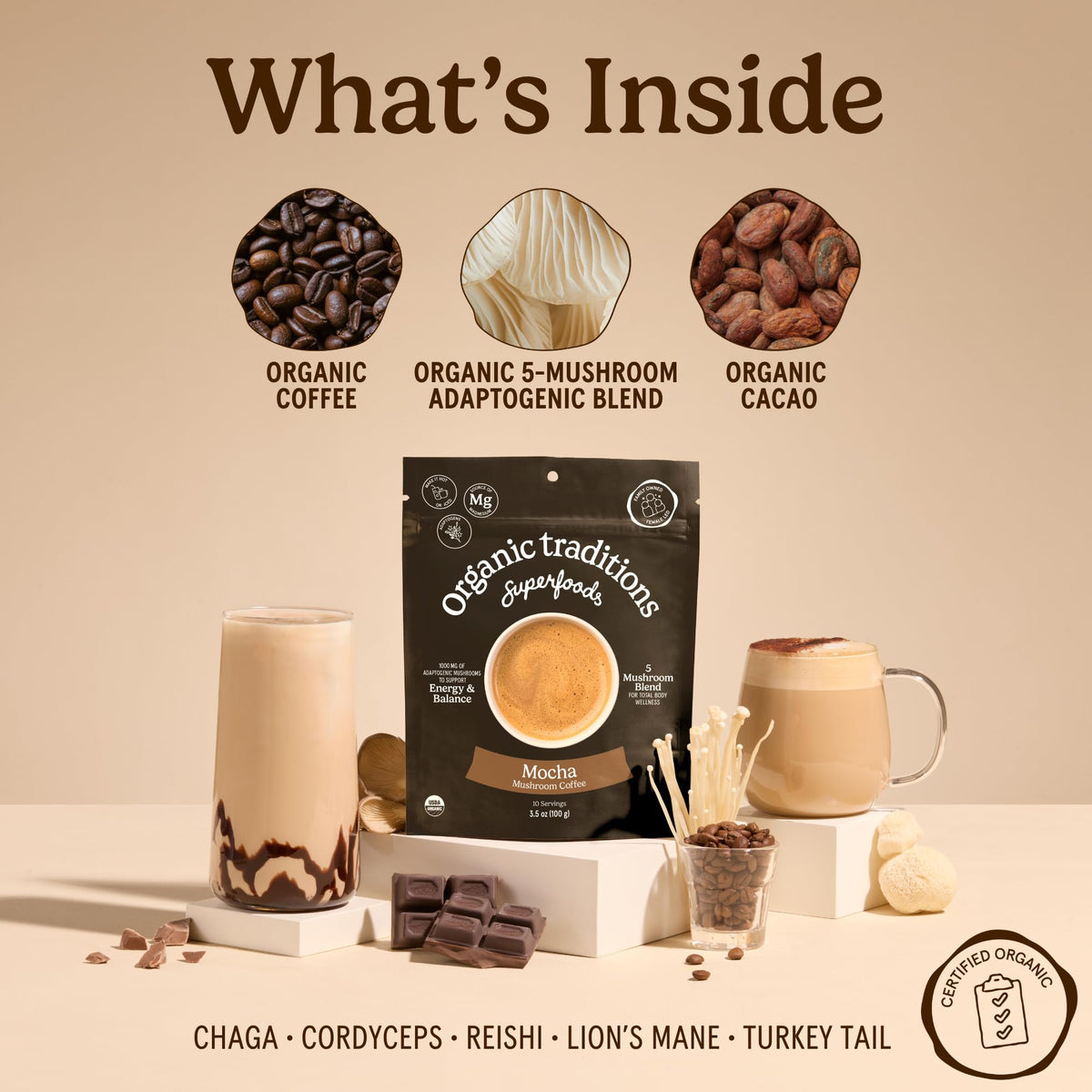 Organic Traditions Mind Fuel Instant Mushroom Coffee Alternative, Caffeine Free Lion’s Mane and Maca Herbal Drink with Dandelion, Chicory, Roasted Grain Blend, Natural Focus Support, 140g / 5oz