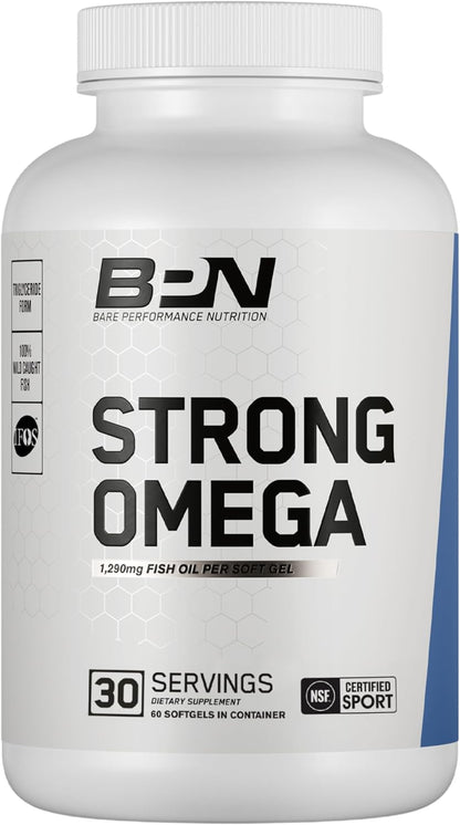 BARE PERFORMANCE NUTRITION, BPN Strong Omega Fish Oil Soft Gel, 1290mg Fish Oil per Capsule, Wild Caught Fish, Sustainably Sourced, IFOS Certified, 30 Servings