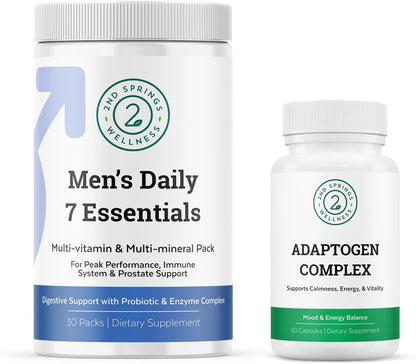 Men's Daily 7 Essentials & Adaptogen Complex Bundle - Complete Multivitamin Pack and Stress Adaptation Support for Men's Optimal Health
