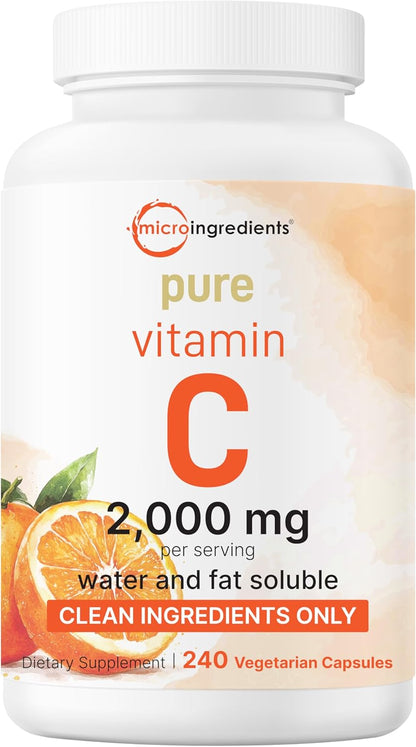 Pure Vitamin C 2,000mg, 240 Veggie Capsules | Highly Bioavailable Fat & Water Soluble Forms | Max Potency | Antioxidant & Immune Support Supplement | Easily Absorbed, Non-GMO, Filler Free