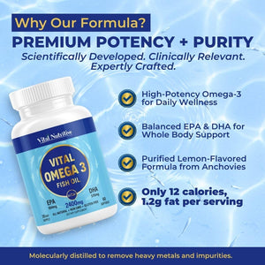 Vital Omega 3 Fish Oil Supplements 2400mg | 864mg EPA & 576mg DHA | 1440mg Total Omega-3 Fatty Acids | Promotes Brain & Heart Health | Non-GMO, Gluten-Free, Sugar-Free | Lemon | 60 Day Servings VITAL NUTRITIVEBuy Supplements Australia