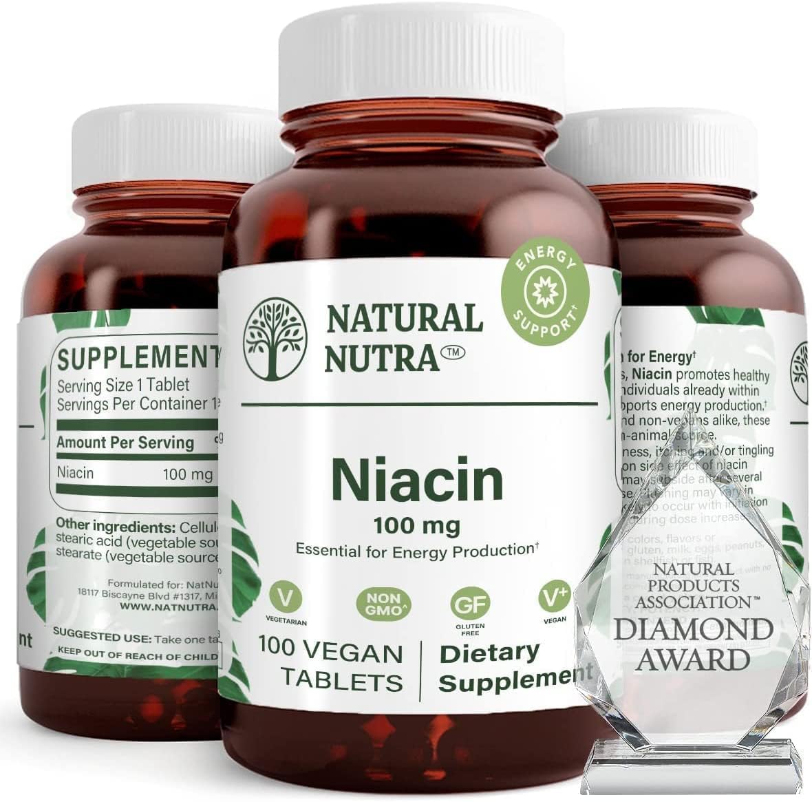 Natural Nutra Niacin Supplement for Energy, Help Maintain Body Fats, Help Improve Digestion, Helps Promotes Skin Health, Boost Energy and Brain Function, Non-GMO, Gluten-Free, 100 mg, 100 Tablets