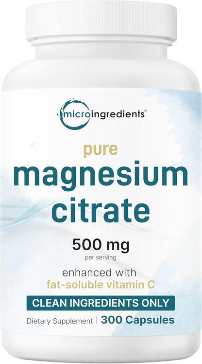 Pure Magnesium Citrate Supplements 500mg, 300 Capsules | Fat-Soluble Vitamin C Added | 100% Chelated | Only Active Ingredients