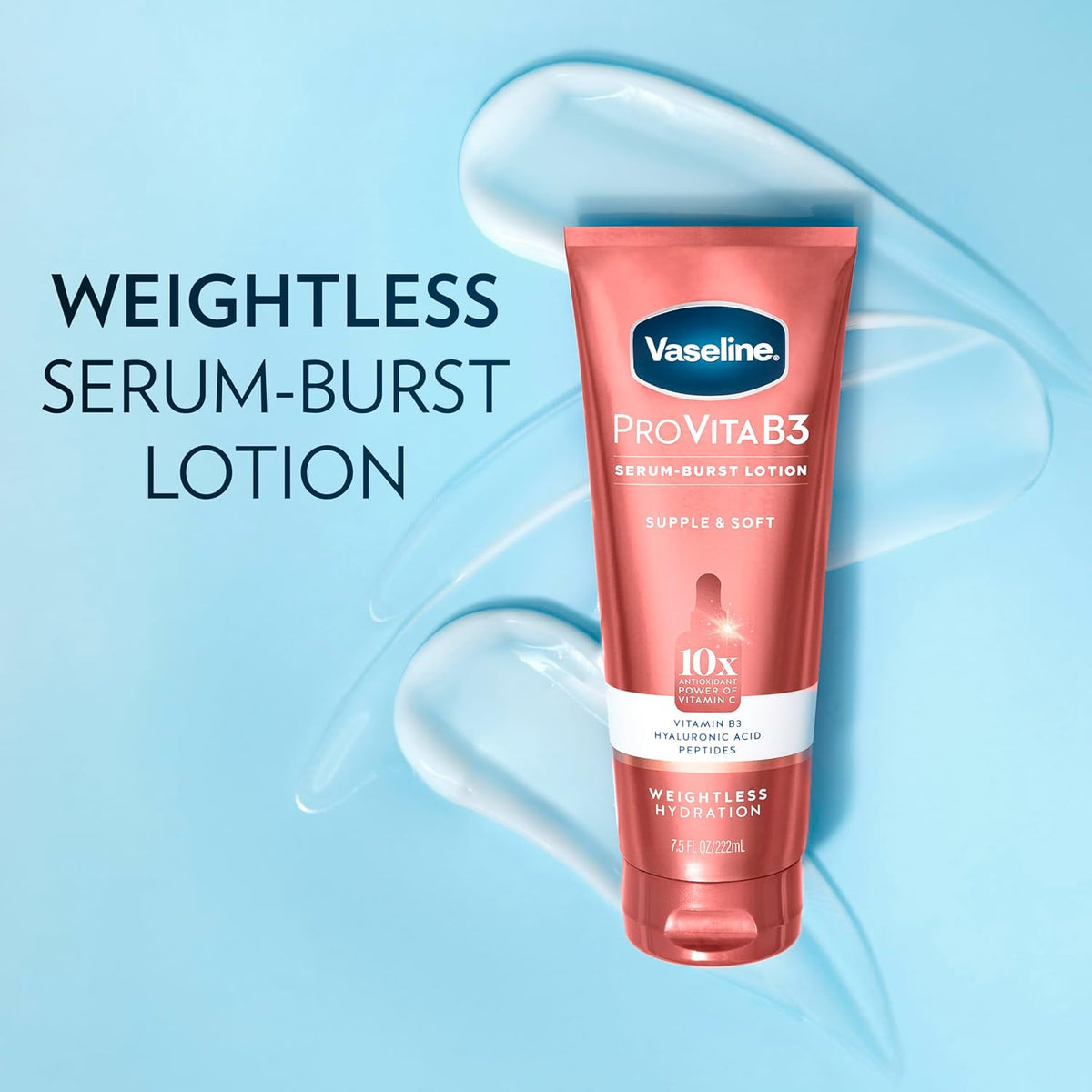Vaseline Pro VitaB3 Serum Burst Lotion Supple & Soft Healthy, Hydrated Skin, Lightweight 10x Antioxidant Power of Vitamin C with Vitamin B3, Hyaluronic Acid & Peptides, 7.5 fl oz