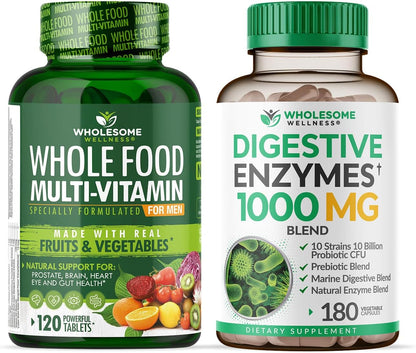Wholesome Wellness Whole Food Multivitamin for Men - Natural Multi Vitamins, Minerals, Organic Extracts Digestive Enzymes 1000MG Plus Prebiotics & Probiotics Bundle