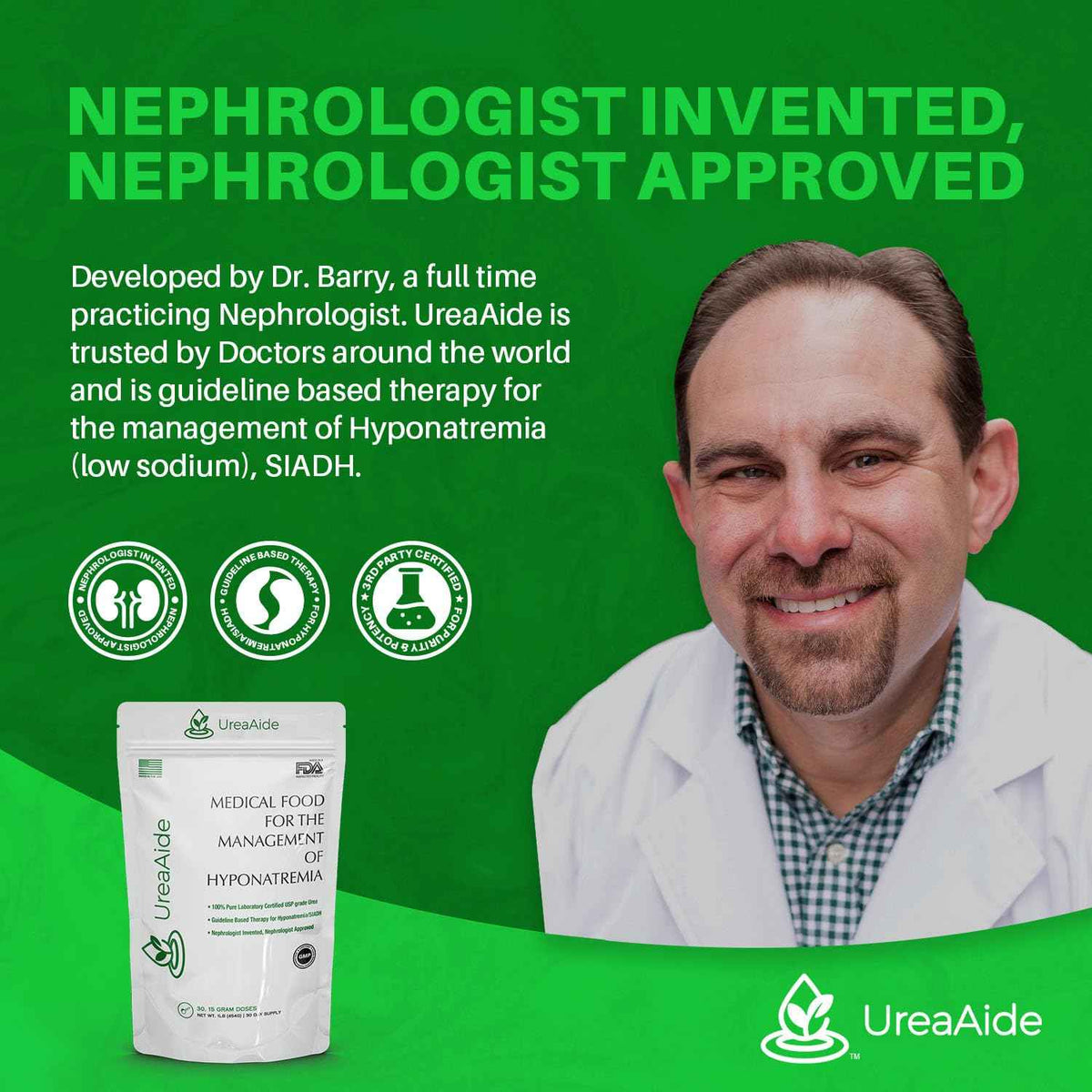 UreaAide Unflavored Urea Powder for Low Sodium 30 Servings Oral Urea Powder for Hyponatremia-Single Ingredient 100% Medical Grade Urea with 15 gram Dose Scoop