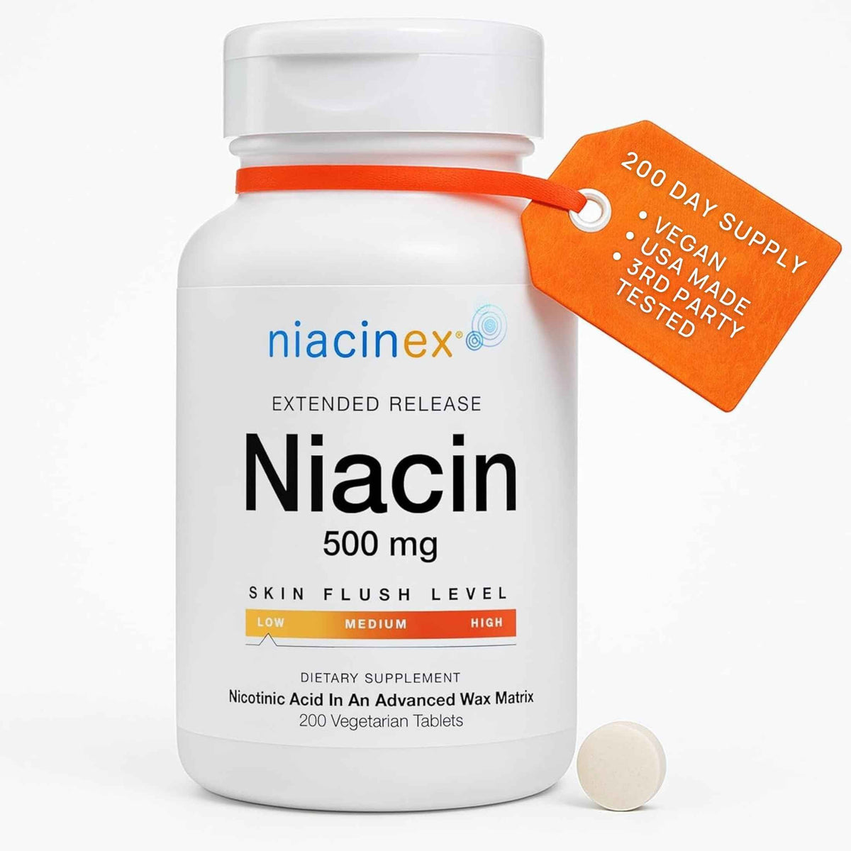 Niacinex Niacin 500mg Extended Time Release, 200 Tablets, Minimal to No-Flush, Vitamin B3 Supplement - Cholesterol Balance
