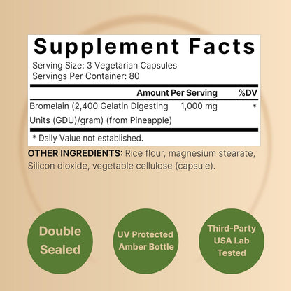 NatureBell Bromelain, 1,000mg Per Serving, 240 Veggie Capsules | 2,400 GDU – Digestive Enzymes & Joint Support Supplement – Proteolytic Enzymes for Digestion, Fresh Pineapple Source – Non-GMO