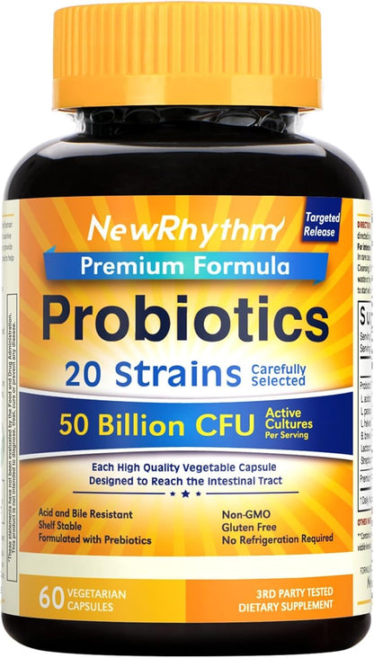 NewRhythm Probiotics 50 Billion CFU 20 Strains, 60 Veggie Capsules, Targeted Release Technology, Stomach Acid Resistant, No Need for Refrigeration, Non-GMO, Gluten Free