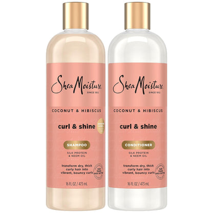 SheaMoisture Coconut & Hibiscus Curl & Shine Shampoo & Conditioner for Bouncy Curls, Frizz Control, 16 Oz Ea
