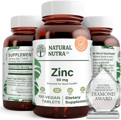 Natural Nutra Zinc Gluconate 50mg Supplement for Immune Support, Promotes Skin Health, Provides Ease From Flu & Cold, Boost Learning & Memory, Enhance Taste & Smell, Gluten Free 50mg 100 Vegan Tablets