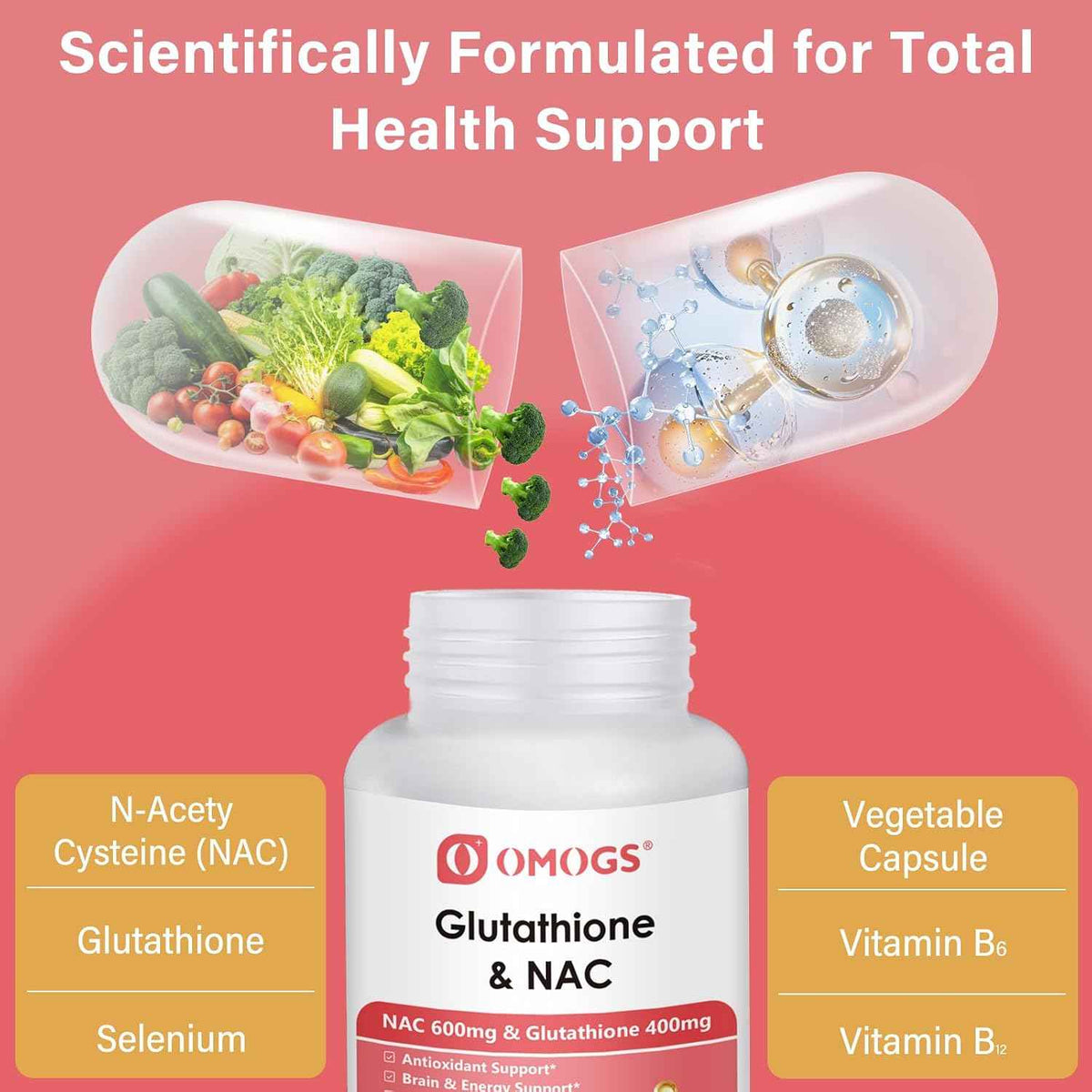 OMOGS Glutathione & NAC Supplement, with vtamin B & Selenium, Supports Liver Health, Cellular, Antioxidant, Energy Production & Immune, Vegan & Gluten-Free, 90 Veg Capsules.