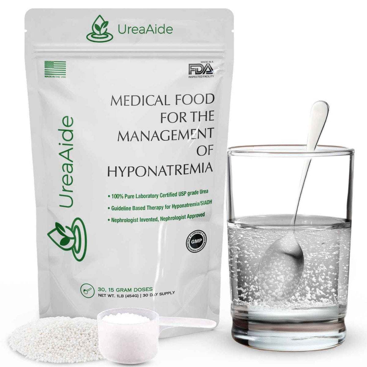 UreaAide Unflavored Urea Powder for Low Sodium 30 Servings Oral Urea Powder for Hyponatremia-Single Ingredient 100% Medical Grade Urea with 15 gram Dose Scoop