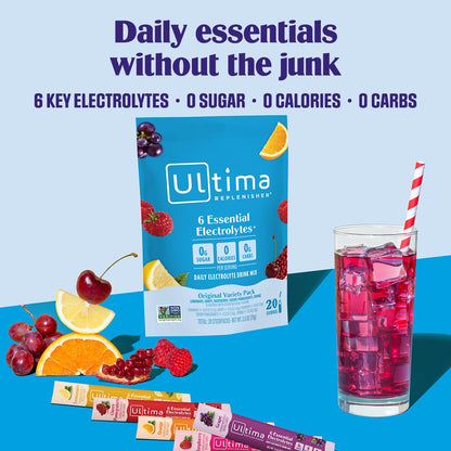 Ultima Replenisher Daily Electrolyte Powder Drink Mix – Sugar Free – Tropical, Mocktini, Original Variety, 56 Stickpacks – Hydration Packets - 6 Electrolytes and Minerals – Keto, Non-GMO