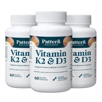 Pattern Wellness Vitamin K2 & D3 Supplement with Calcium – Bone Health, Circulatory Wellness & Immune Support - Non-GMO - 60 Capsules