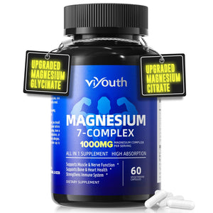 Supplement bottle labeled 'vyouth Magnesium 7-Complex' with capsules on a white background