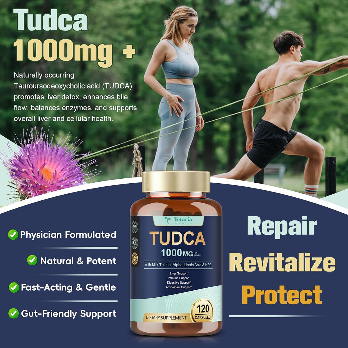 Totaria TUDCA 1000mg Liver Support Supplement with Milk Thistle, NAC, ALA, 80% Silymarin, 15-in-1 Extra Strength Bile Salts, for Liver Cleanse Detox & Repair, Gallbladder, Non-GMO, 120 Capsules