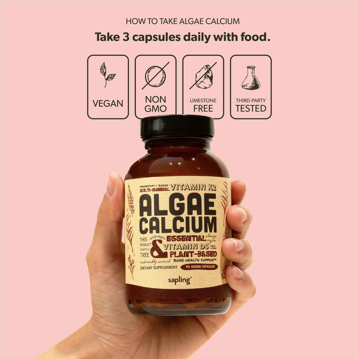 sapling Calcium Supplement - Whole Food with Vitamin K2 & D3, Magnesium, Zinc, Boron, Mineral Complex. Sourced Sustainably from Red Algae. for Bone Strength