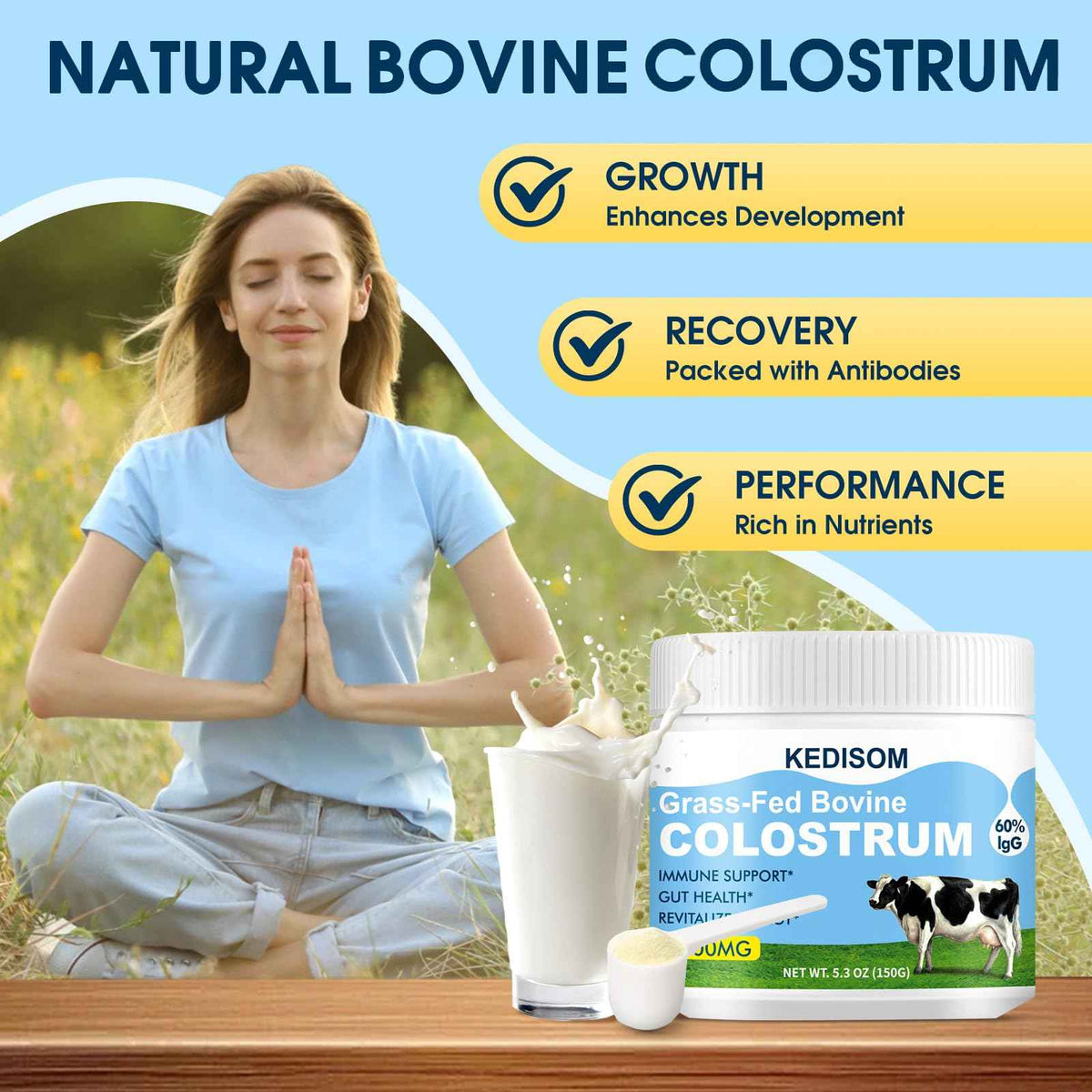 KEDISOM Grass-Fed Bovine Colostrum Supplement Powder - 60% High IgG 3000 mg for Gut Health, Immune Support - Easy to Mix Natural Liposomal