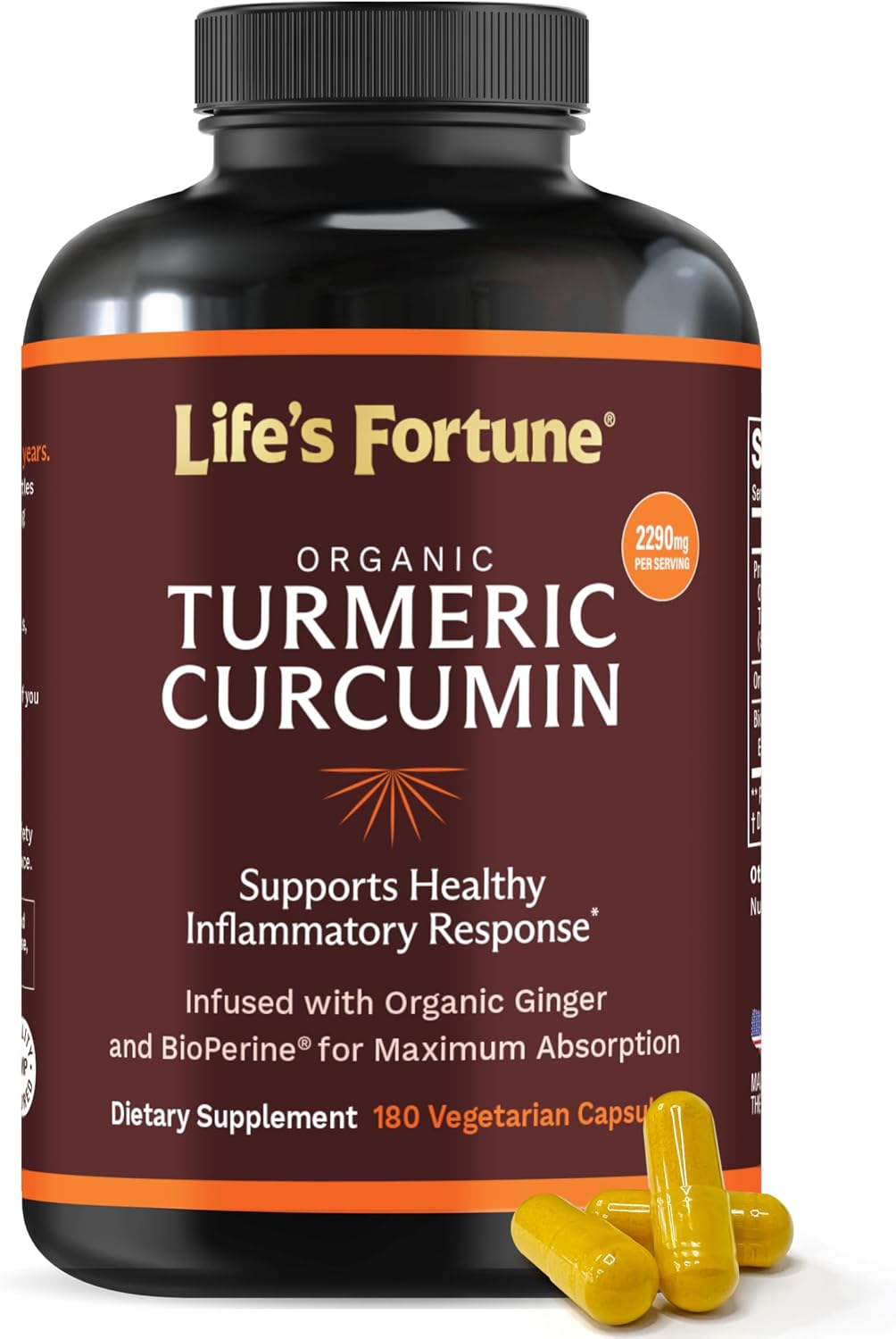 Life's Fortune Organic Turmeric Curcumin with Black Pepper and Ginger, Enhanced Absorption, Extra Strength Supplement, Joint & Immune Support, Non-GMO, 180 Cap - 2250mg