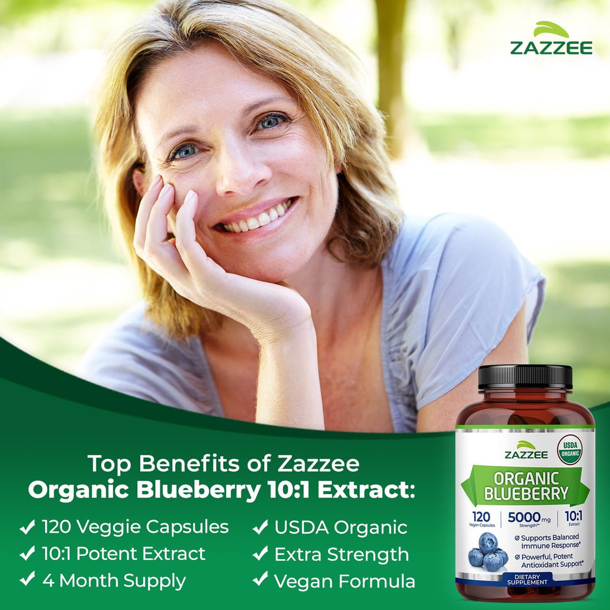 Zazzee USDA Organic Blueberry 10:1 Extract, 120 Vegan Capsules, 4 Month Supply, Whole Fruit, Vaccinium Angustifolium, Antioxidant & Cellular Health Support, Herbal Supplement, Non-GMO, Made in the USA