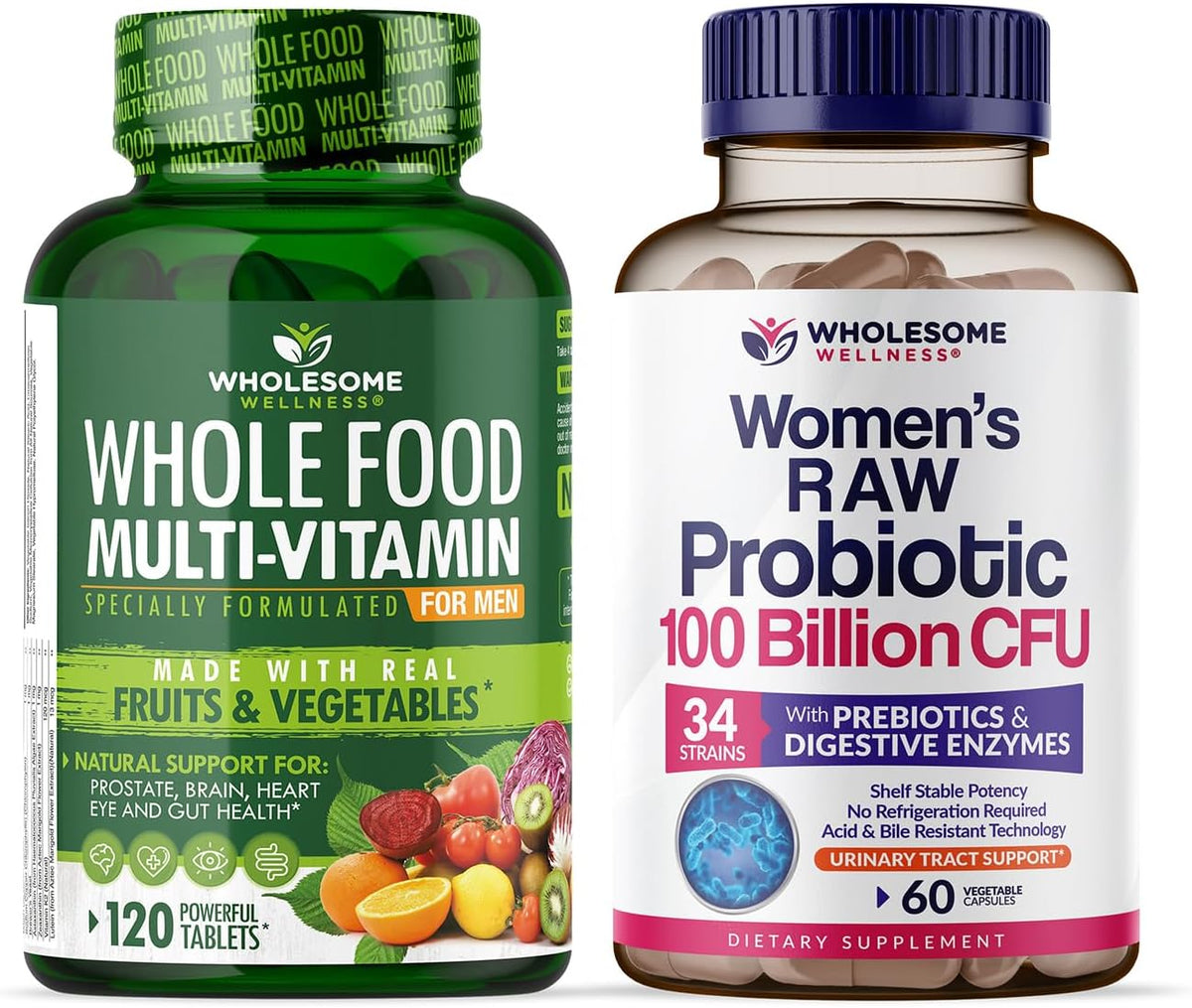 Wholesome Wellness Food Multivitamin for Men + Dr. Formulated Raw Probiotics for Women 100 Billion CFUs Bundle