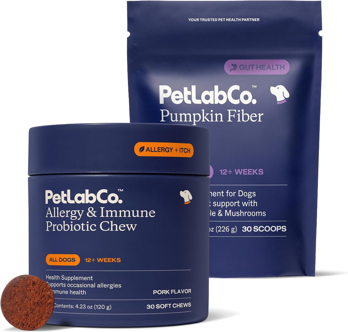 PetLab Co – Gut & Allergy Bundle: Pumpkin Powder Blend for Firm Stools & Healthy Digestion & Allergy & Immune Probiotic Soft Chews to Support Immune Response