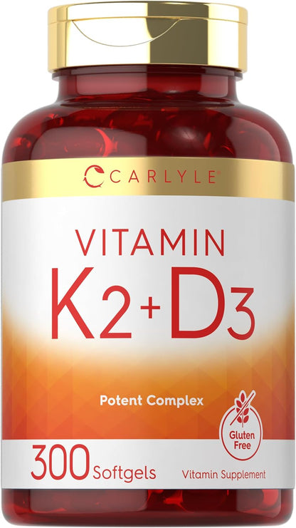 Carlyle Vitamin K2 D3 Supplement | 300 Softgels | 200mcg K2 MK7 & 10,000 IU D3 | Non-GMO, Gluten Free