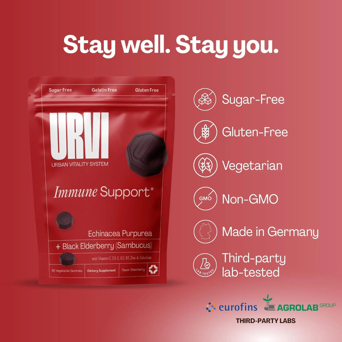 URVI® Immune Support Gummies - Vitamin C, D3 K2, E, Niacin, Zinc & Selenium with Elderberry & Echinacea URVI