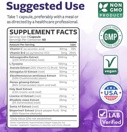 Adrenal System Support & Cortisol Manager (2 Month Supply) Powerful Ashwagandha & L-Tyrosine Fatigue Supplement - Maintain Balanced Cortisol Levels, Health, & Stress Relief - Non-GMO - 60 Capsules