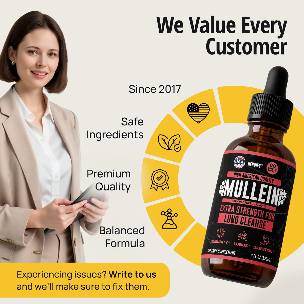 HERBIFY Mullein Drops - Lung Cleanse - Leaf Extract - Powerful Mullein for Immune Support,Detox & Respiratory Support - Made in USA - Lung Cleanse for Smokers - 4 Oz
