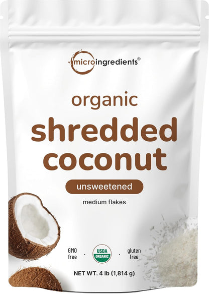 Organic Shredded Coconut Flakes, 4lbs | Raw Unsweetened Flavor, Medium Sized | Great for Baking, Smoothies, or Garnish | Non-GMO, Sugar Free, Keto Friendly