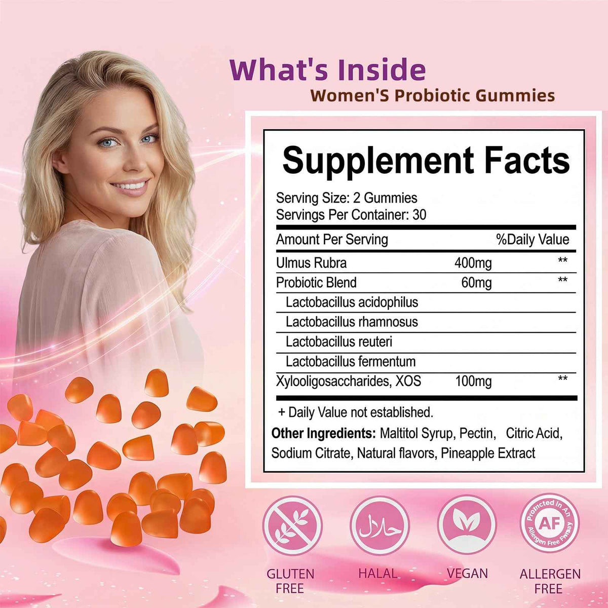 QZQHUA Women's Probiotics Gummies with Slippery Elm – Vaginal Health, Gut Health & pH Balance Support, Pineapple Flavor – Gluten Free, Vegan (30 Servings)（Q2）