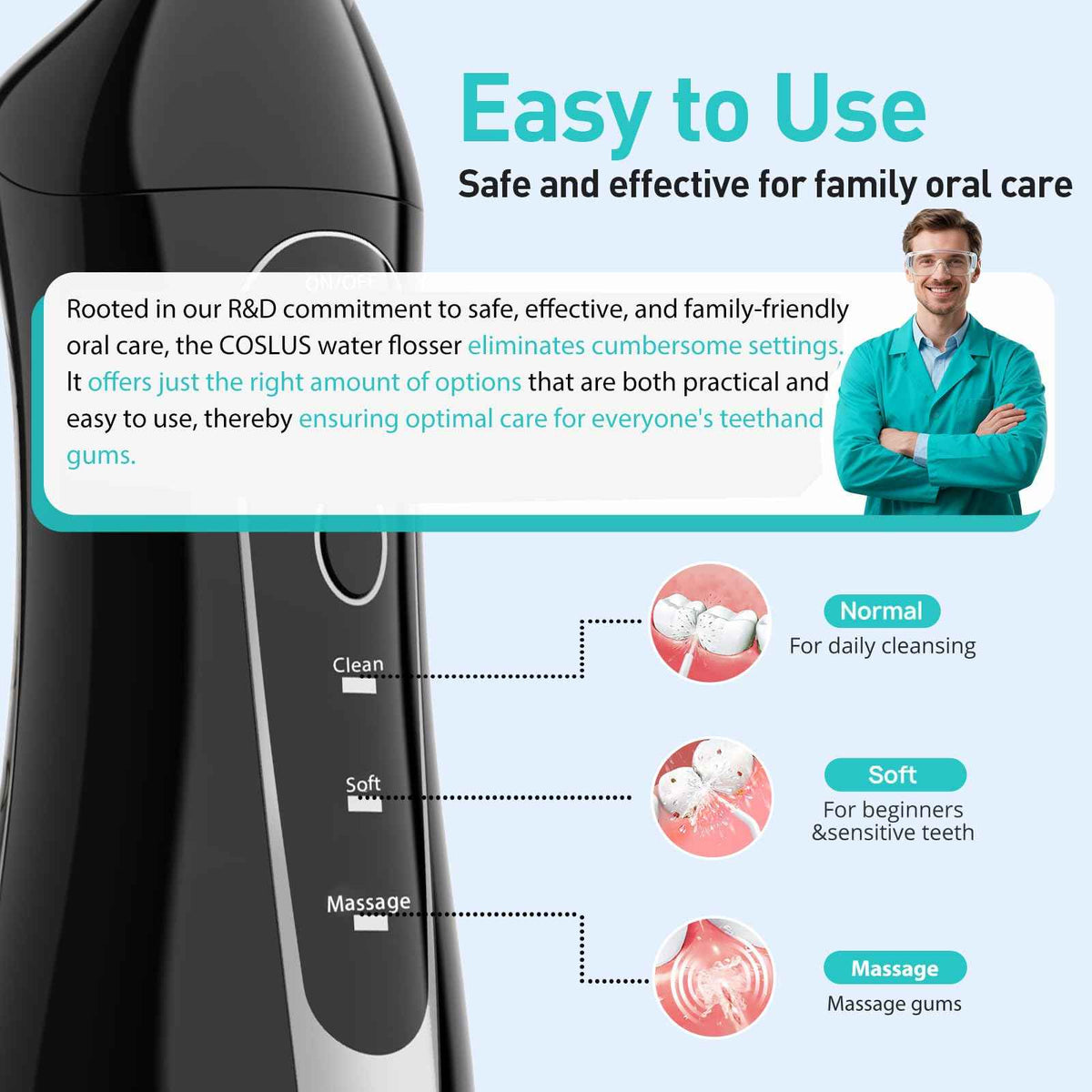 COSLUS Water Dental Flosser Teeth Pick C20: ADA Accepted, Portable Cordless Oral Irrigator 300ML Rechargeable Travel Irrigation Cleaner IPX7 Waterproof Electric