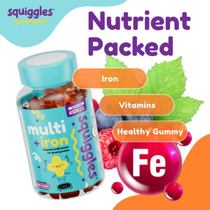 Squiggles Kids Multivitamin + Iron Gummies - Low Sugar Gummy Vitamins with Iron Supplements for Kids Squiggles