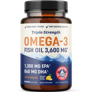 Triple Strength DHA Omega 3 Fish Oil 3600 mg | Over 2100mg Omega-3 Fatty Acids with 860mg of DHA | 1300mg EPA | Best Essential Fatty Acids | Premium Wild Caught & Burpless Fish Oil | 120 ct. MAV NUTRITIONBuy Supplements Australia