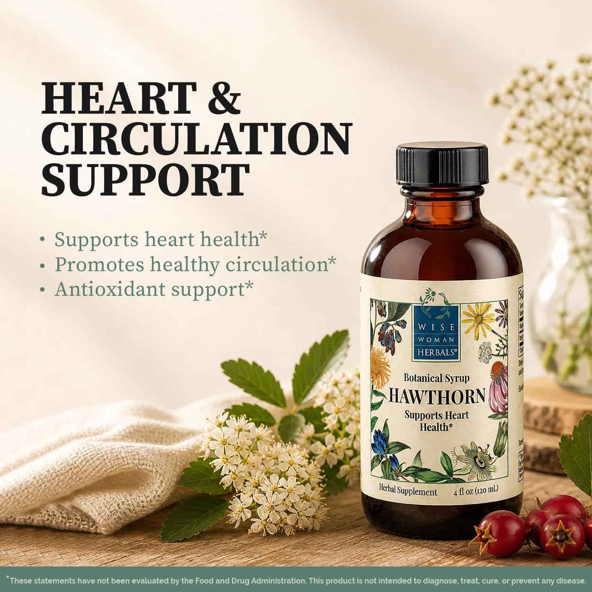 Wise Woman Herbals Hawthorn Botanical Syrup, Alcohol-Free Hawthorn Berry Solid Extract 4:1, Promotes Healthy Circulation, Antioxidant Protection, Herbal Cardiovascular Support, 4 Fl Oz