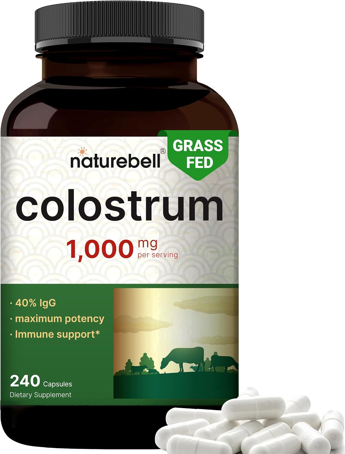 NatureBell Bovine Colostrum Supplement 1,000mg Per Serving, 240 Capsules | 40% IgG Colostrum Powder for Gut Health, Bloating, Skin, Hair & Immune Support – Non-GMO