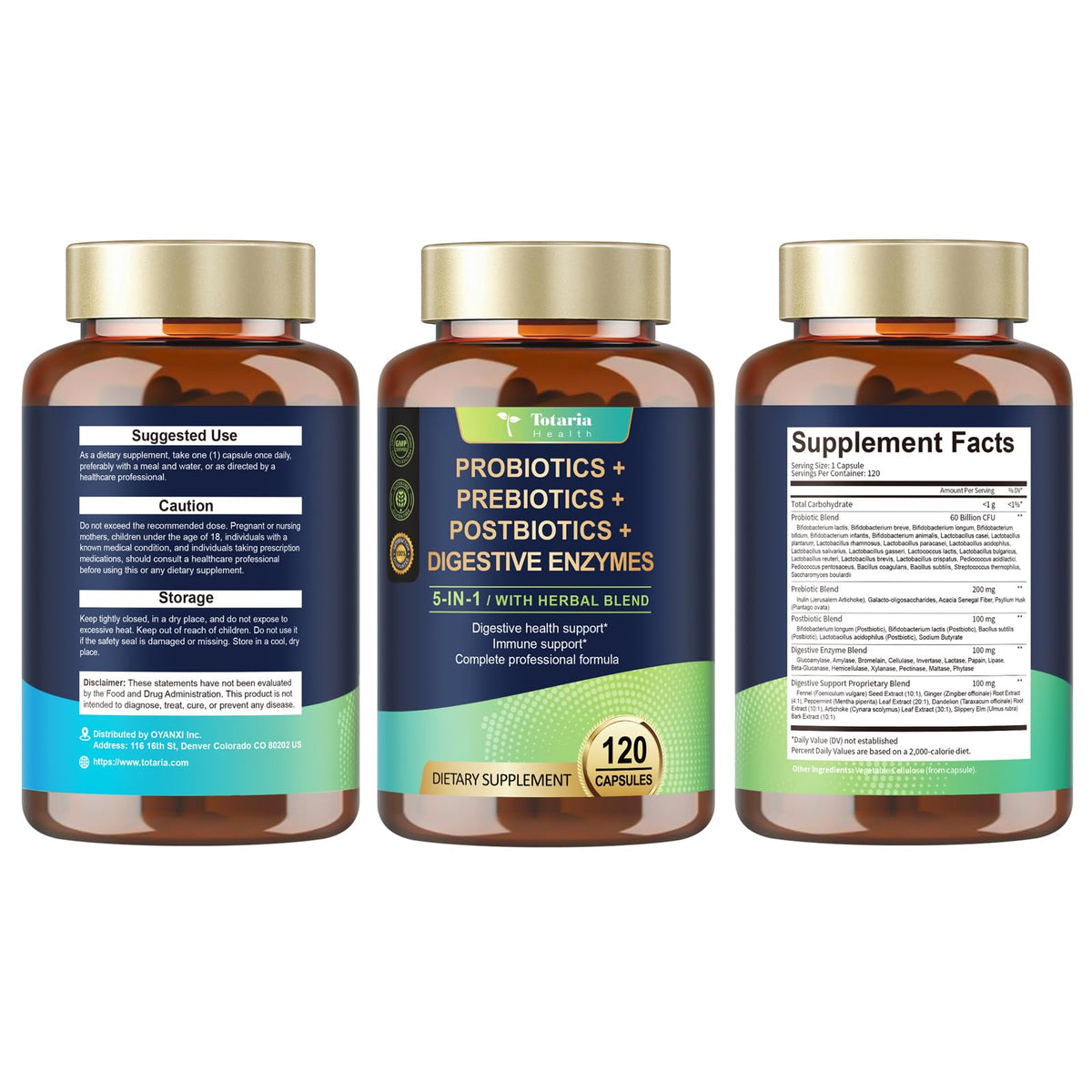 Totaria 5-in-1 Probiotic Prebiotic & Postbiotic for Women Men, 60 Billion CFU 24 Strains w/Digestive Enzymes, Prebiotic Fiber, Slippery Elm, Daily Complete Immune, Gut Health, 120 Day Supply