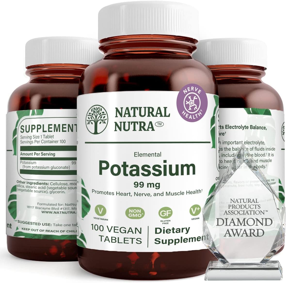 Natural Nutra Elemental Potassium Gluconate 99 mg Dietary Supplement – Promotes Energy, Helps Boost Nervous System, Promotes Heart Health, Mineral Regulation, Muscle Function - 100 Vegan Tablets