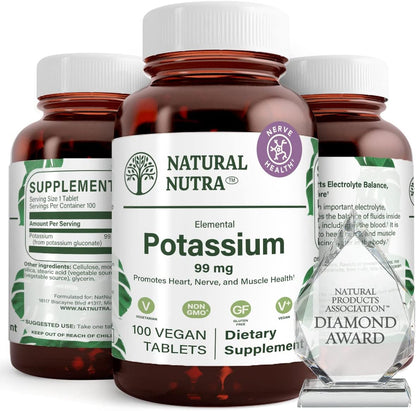 Natural Nutra Elemental Potassium Gluconate 99 mg Dietary Supplement – Promotes Energy, Helps Boost Nervous System, Promotes Heart Health, Mineral Regulation, Muscle Function - 100 Vegan Tablets