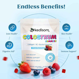 KEDISOM Colostrum Gummies, Grass Fed Colostrum Supplement, 90 Bovine Colostrum Gummies, 45 Servings, Mixed Berry, Sugar-Free