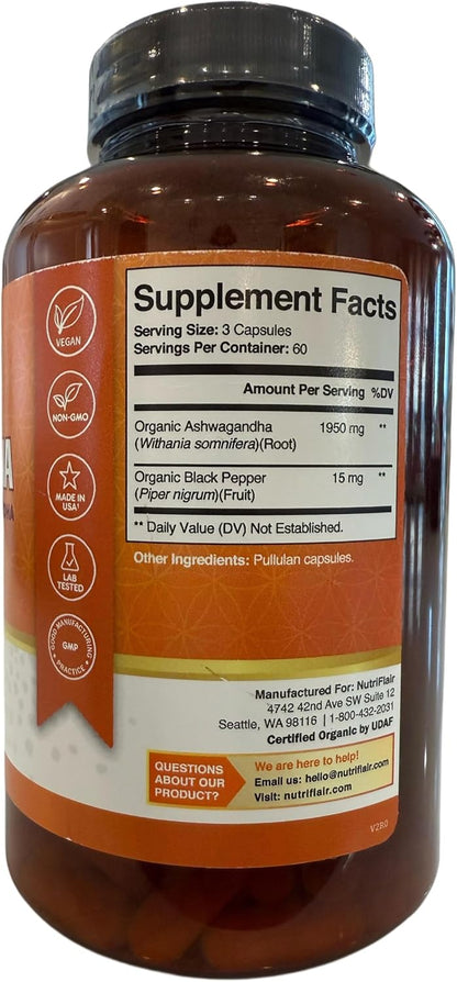 NutriFlair Organic Ashwagandha Root Extract - with Organic Black Pepper - Stress and Mood Support - Powerful Adaptogenic Benefits and Overall Health - Made in USA