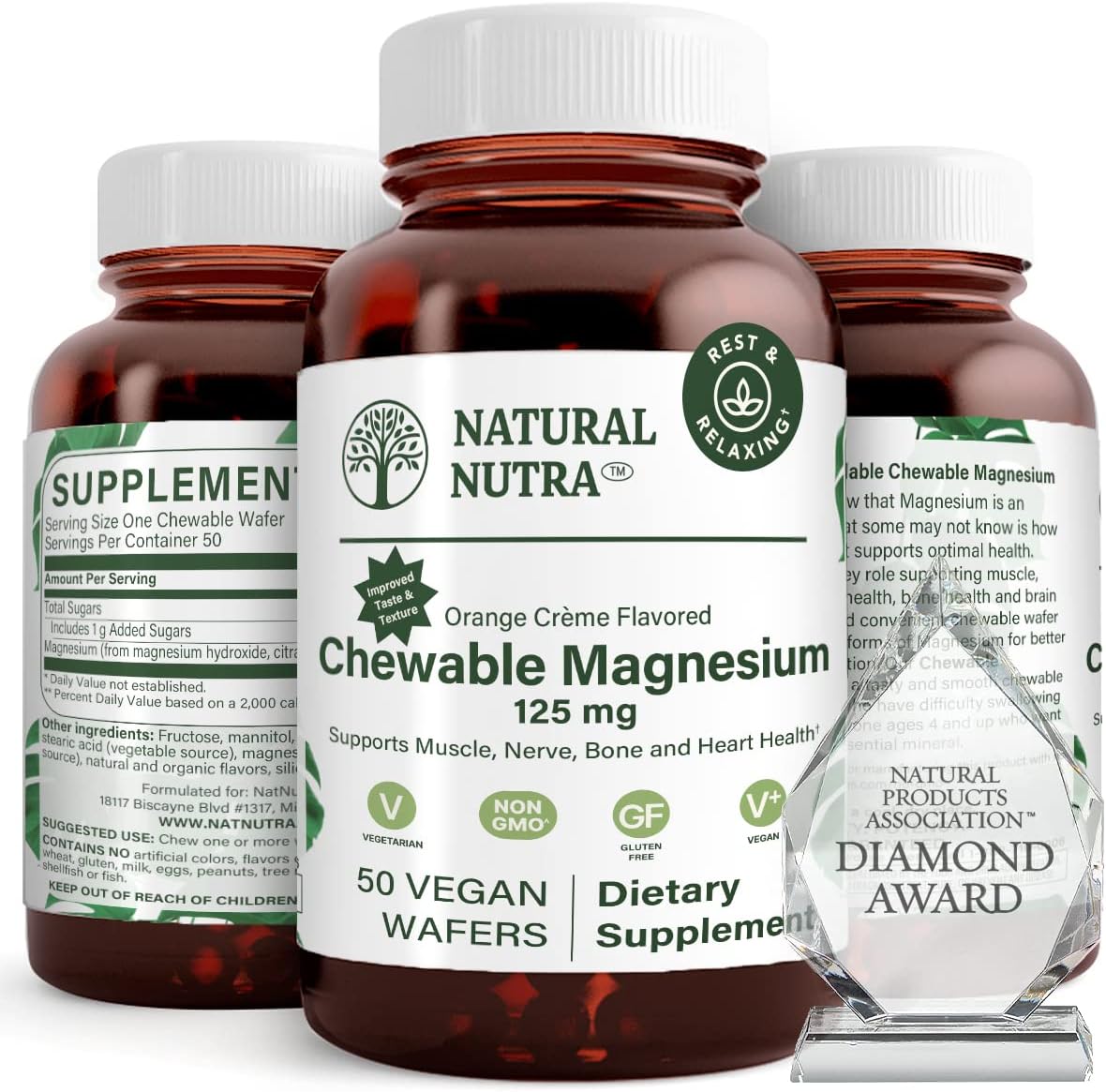 Natural Nutra Chewable Magnesium Supplement with Citrate and Chelate for Kids and Adults, Promotes Better Sleep, Best Pure Mag Chew for Muscle, Nerve, Bone, and Heart Health, 125mg, 50 Vegan Wafers