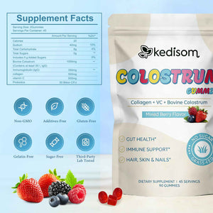 KEDISOM Colostrum Gummies, Grass Fed Colostrum Supplement, 90 Bovine Colostrum Gummies, 45 Servings, Mixed Berry, Sugar-Free
