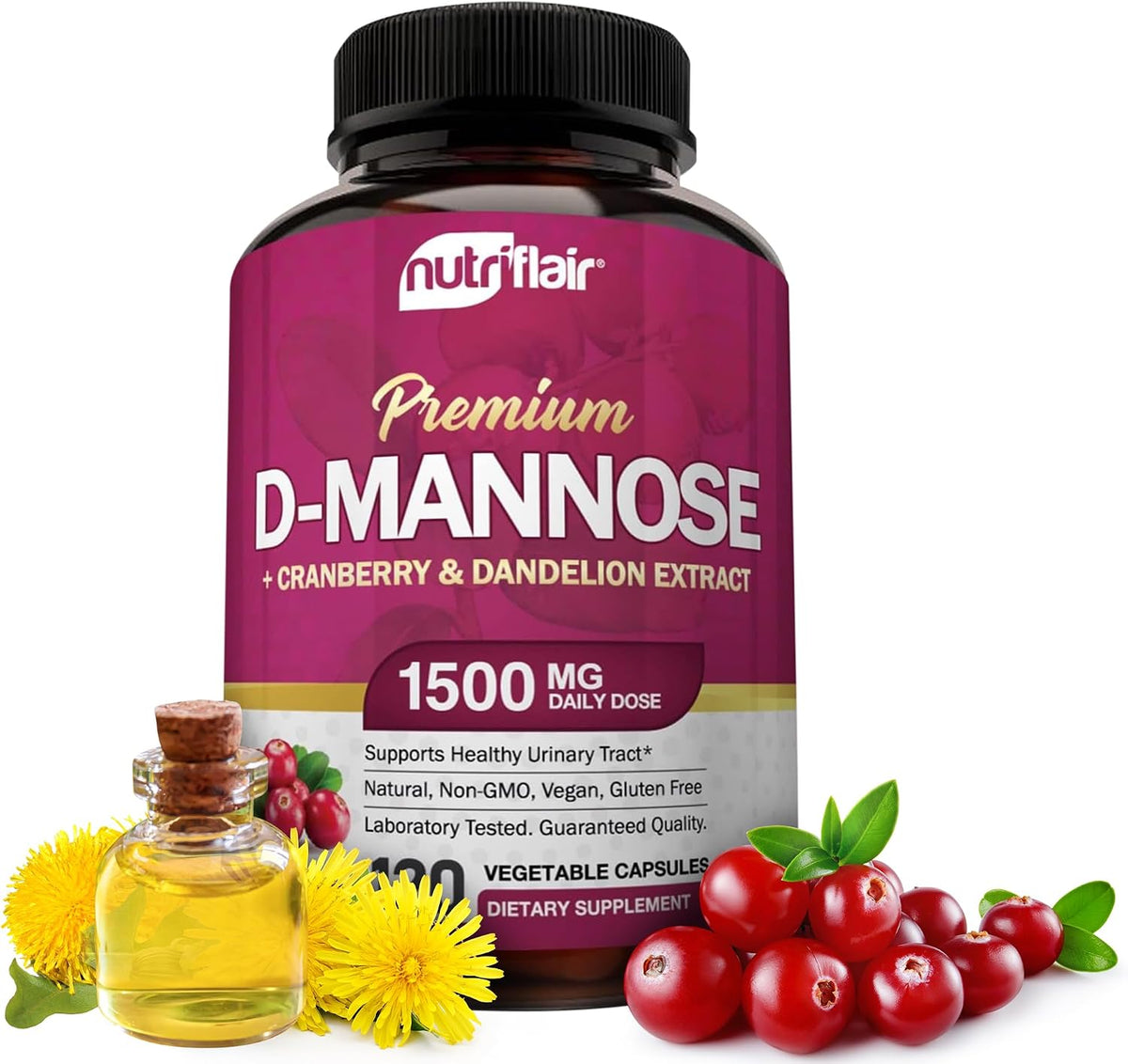 NutriFlair D-Mannose 120 Capsules, 1500mg - with Cranberry and Dandelion Extract - Natural Urinary Tract Health UTI Support - Best D Mannose Powder - Flush Impurities, Detox Body, for Women and Men