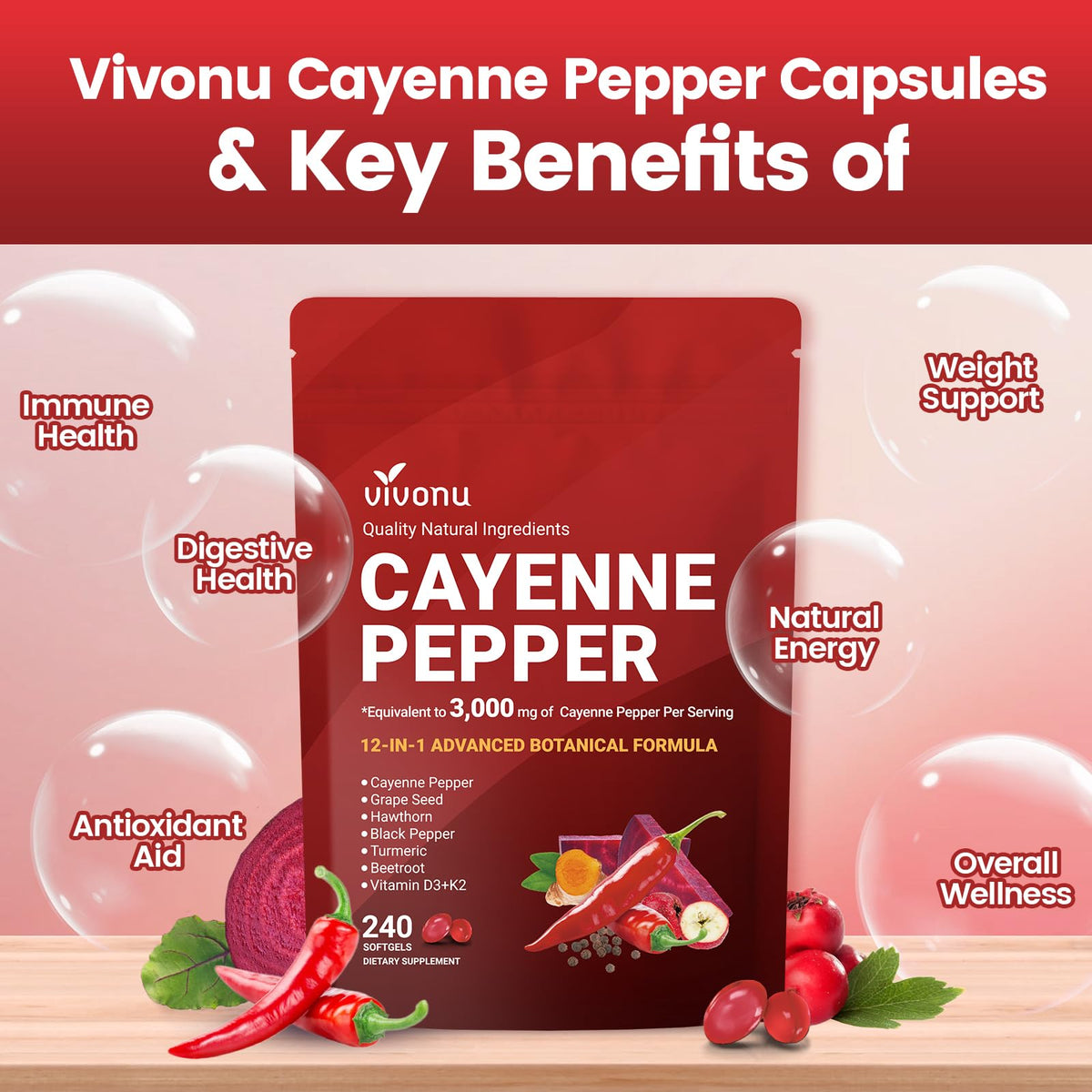 Cayenne Pepper Softgels Supplement, Supports Leg Vein, Heart and Blood Vessel Health, with Vitamin E D3+K2 and Extracts of Grape Seed, Hawthorn, Beetroot, Berberine and Others (Softgels / 1 Bag)